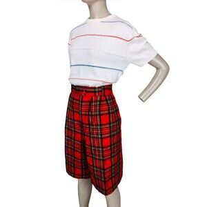 Vintage 80s Red Tartan Plaid Wool Long High-Waist Culottes Shorts M/L/XL